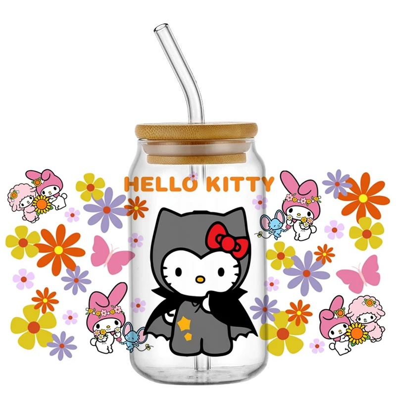 Miniso Halloween Kitty UV DTF Transfer Sticker Waterproof Transfers Decals for 16oz Glass Cup 3D Cartoon Cat DIY Wrap Stickers