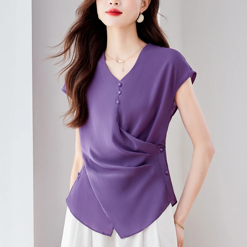 

Женские летние шифоновые блузки в простом стиле, рубашки, женские повседневные однотонные топы без рукавов с v-образным вырезом, шикарная дизайнерская одежда со складками