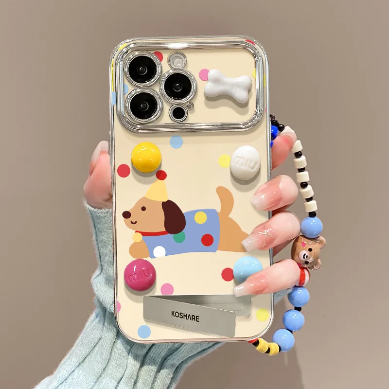 

All Inclusive Silicone Phone Case For Iphone 16 Promax 15 14 Pro Xr Xs Xs Max Polka Dot Puppy Toy Holder Electroplated 6D Window