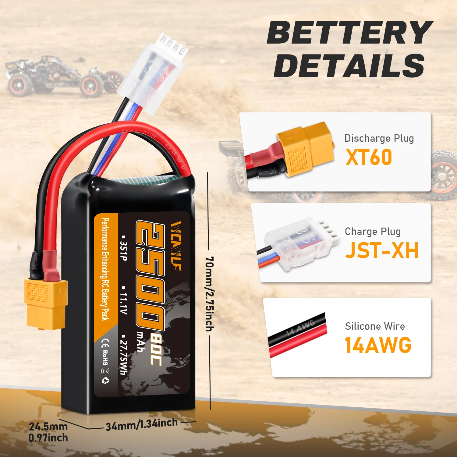 VICMILE 1-2 szt. 11.1V 2500mAh 3S Akumulator Lipo z wtyczką XT60 Pasuje do samolotów RC, quadrocopterów FPV, helikopterów, dronów i samochodów wyścigowych RC