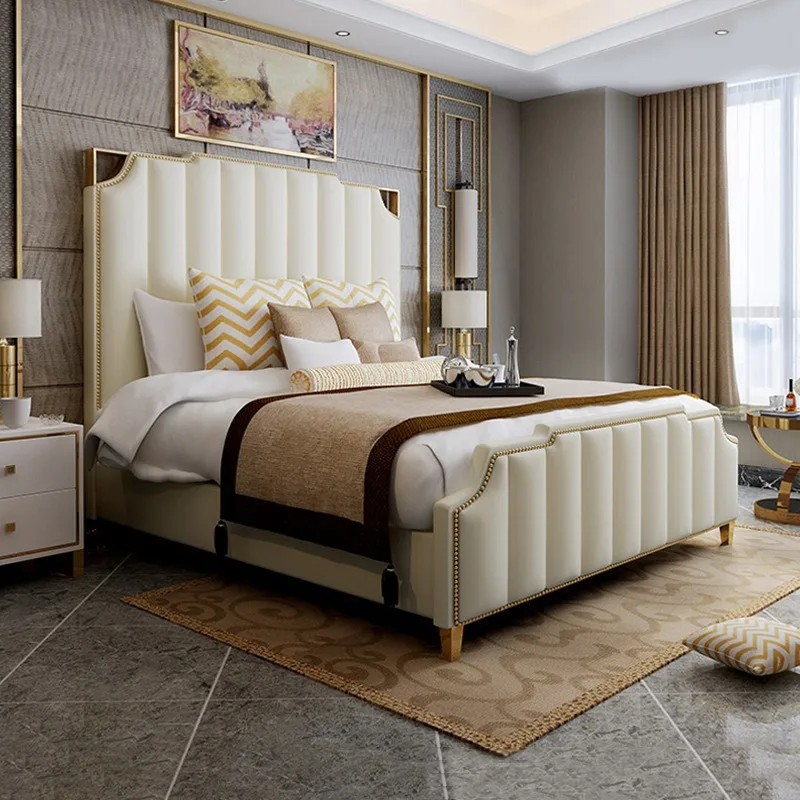 Postmodern simple leather bed, light luxury bed 1.5 meters American solid wood double bed, master bedroom 1.8 meters