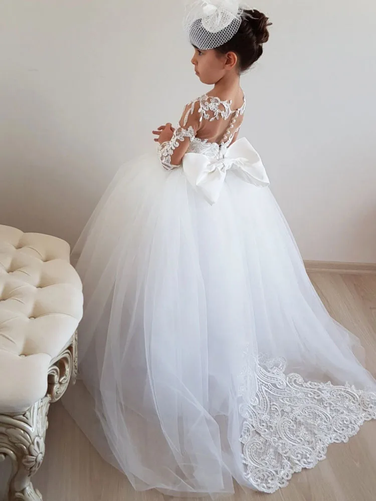 

Customized White Flower Girl Dress Lace Floral Appliques With Bow Long Sleeve For Wedding Birthday Party Holy Communion Gown