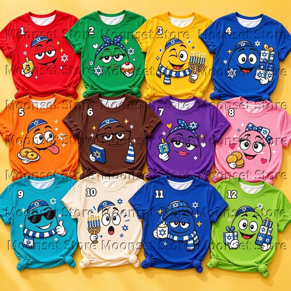 Kids Hanukkah T-Shirt Cute Cartoon Character Print Short Sleeve Tee Boys Girls Cartoon Holiday Party Casual Crew Neck Tops