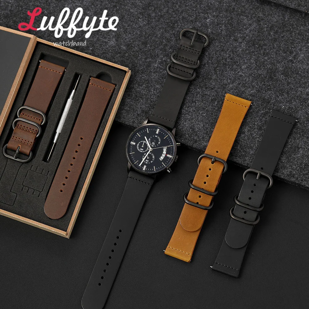 Men Calfskin Genuine Leather Watchband 20mm 22mm with Quick Release Spring Bar Gift Packing Box Soft Vintage Wristwatch Strap
