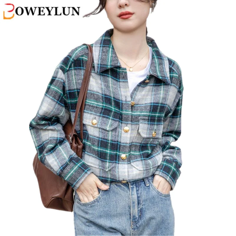 

BOWEYLUN New Vintage Milled Blue Plaid Long Sleeve Shirt Women Spring and Autumn Loose Stacked Blouse Tops Female