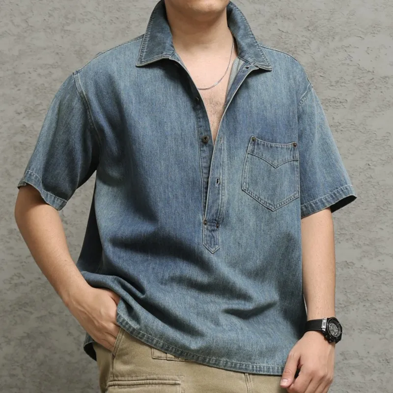 Amekaji Vintage Miner's First Year Denim Half Sleeve Shirt Amekaji Washed Distressed Pullover Short Sleeve