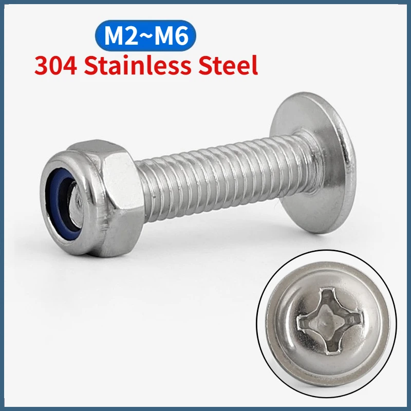 304 A2-70 Stainless Steel Phillips Round Button Head With Washer Collar Bolt Screw with Hex Nylon Lock Nuts M2 M2.5 M3 M4 M5 M6