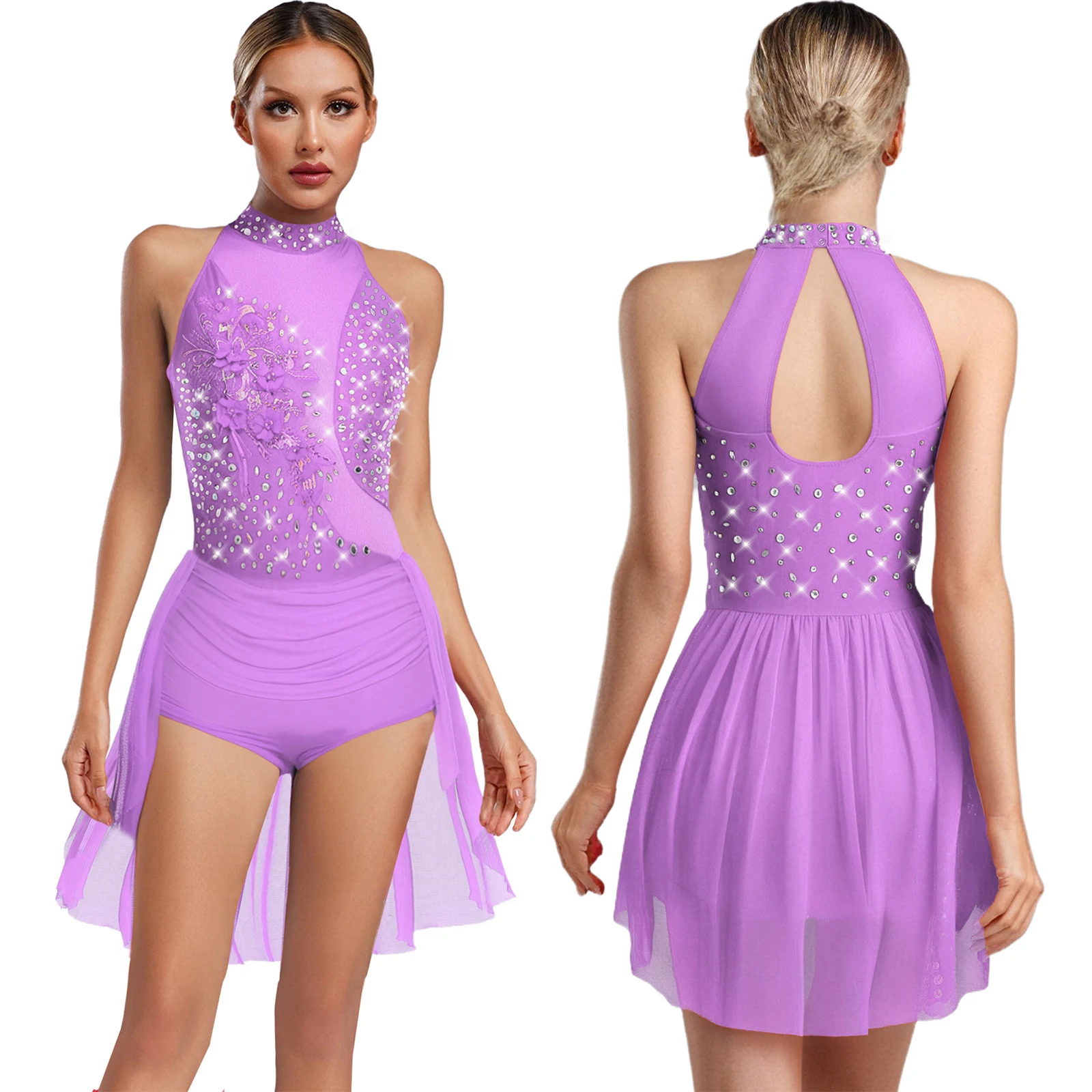 ผู้หญิงสเก็ตลีลาเต้นรํา Leotard แขนกุด Rhinestone Applique ตาข่ายบอดี้สูทโมเดิร์น Lyrical Latin Chacha ยิมนาสติกชุด