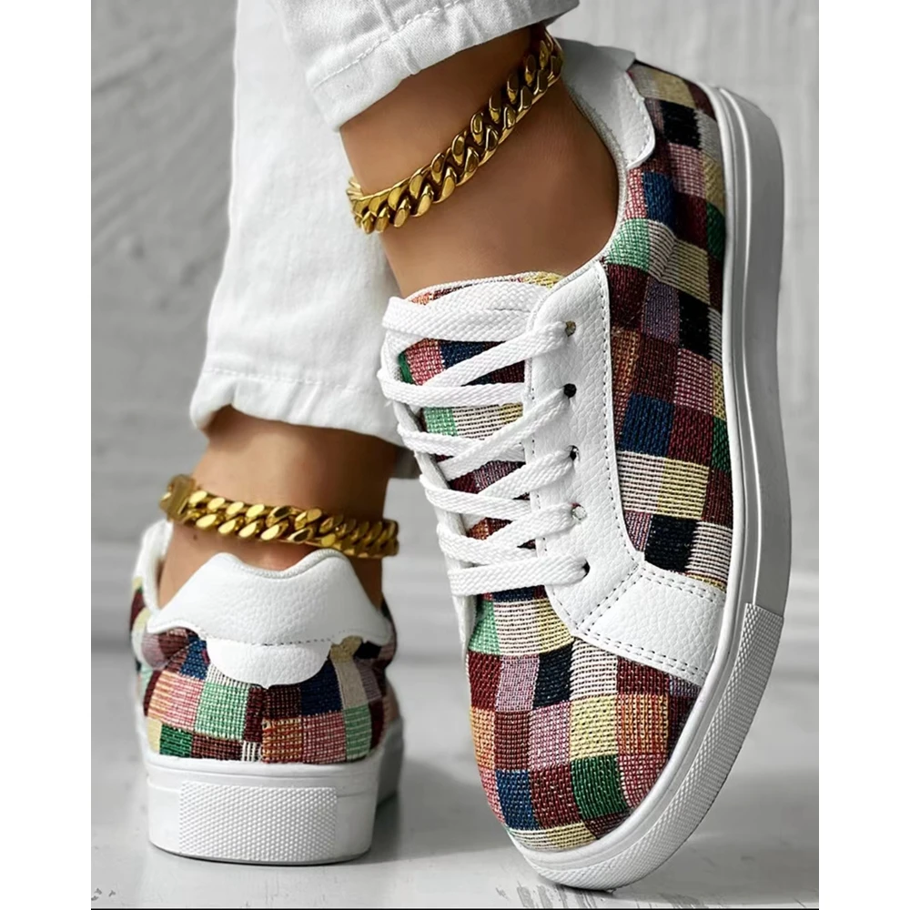 New In Colorblock Plaid Print Lace-up Sneakers Women Spring Autumn Round Toe Sports Running Shoes Femme Going Out Korean Style