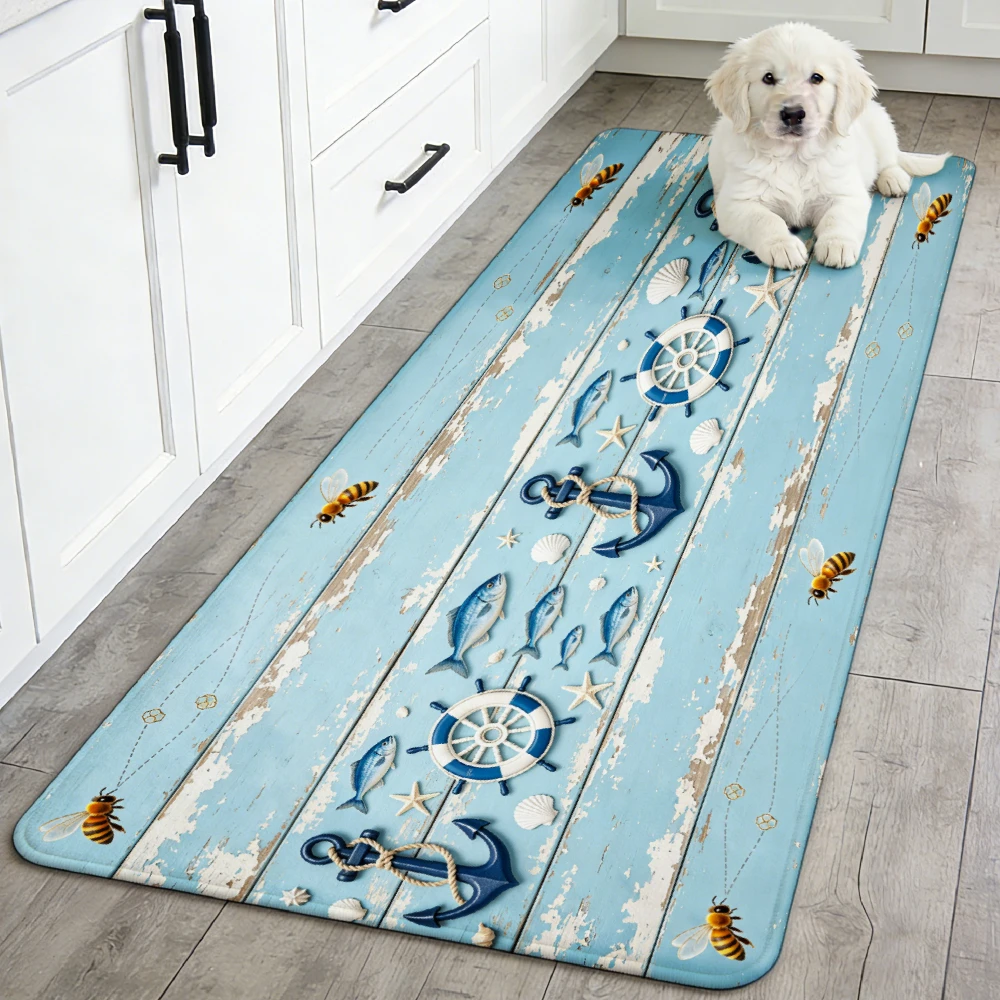 Light Blue Wood Anchor Wheel Fish Bee Runner Mat Anti Slip Absorbent Rug Coastal Nautical Print Carpet for Bath Cooking Laundry