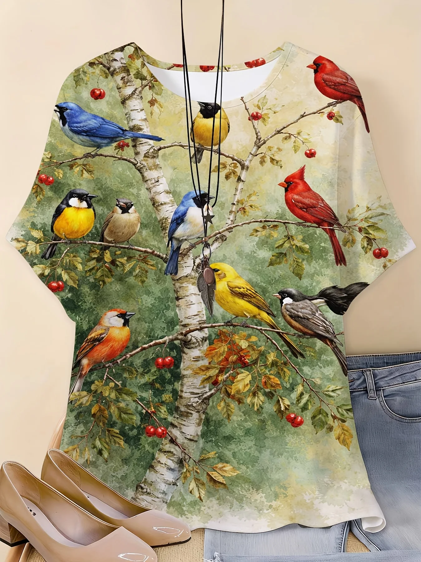 Women Colorful Wild Birds Birch Branch Berry Print T‑Shirt Vintage Forest O‑Neck Short Sleeve Tops