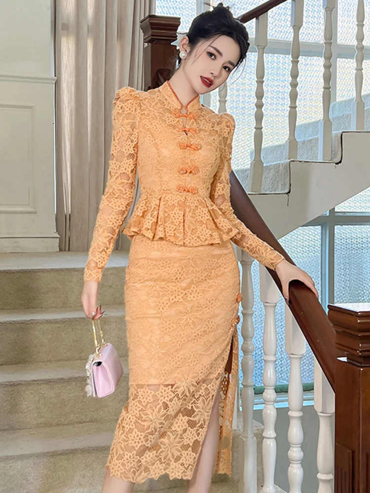 Fashion Chinese Style Sweet Lace Dresses Women Clothes Elegant See Through Sexy Puff Sleeve Slim Dress Robe Femme Mujer Vestidos