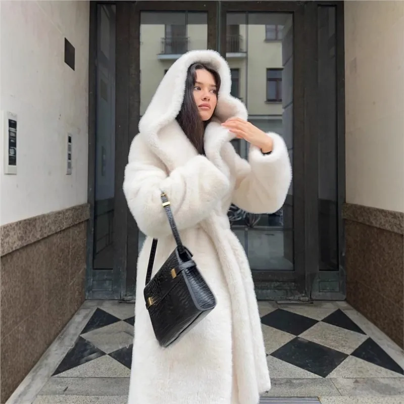 Mixed fur coat long artificial with hat and belt plush clothing