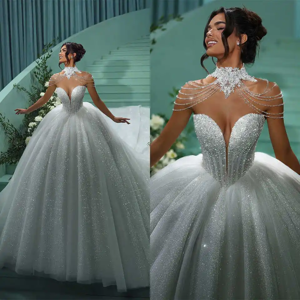 

Gorgeous Beaded Sequin Bridal Gown Deep V-Neck Cathedral Train Tulle Ball Gown Wedding Dress Vestido De Novia Customized