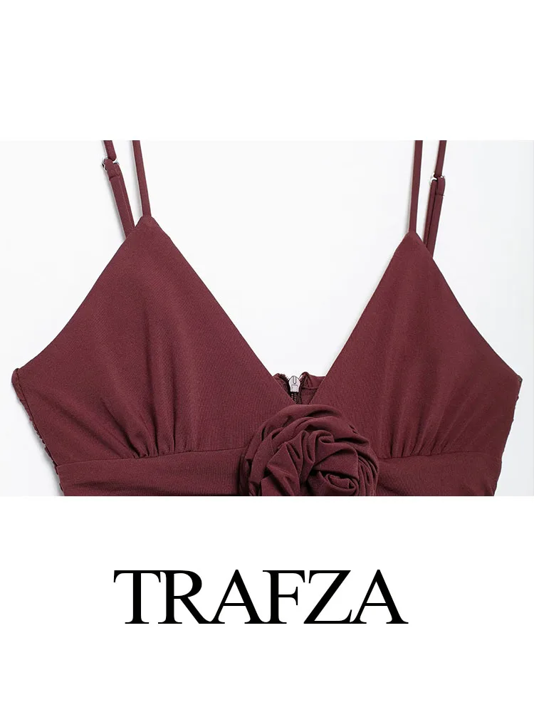 TRAFZA-Vestido para Suspender Zíper Traseiro Feminino, Fino Vestido de Festa, Monocromático, Flores 3D, Dobras Decore, Sexy Decote V, Moda Feminina, Verão