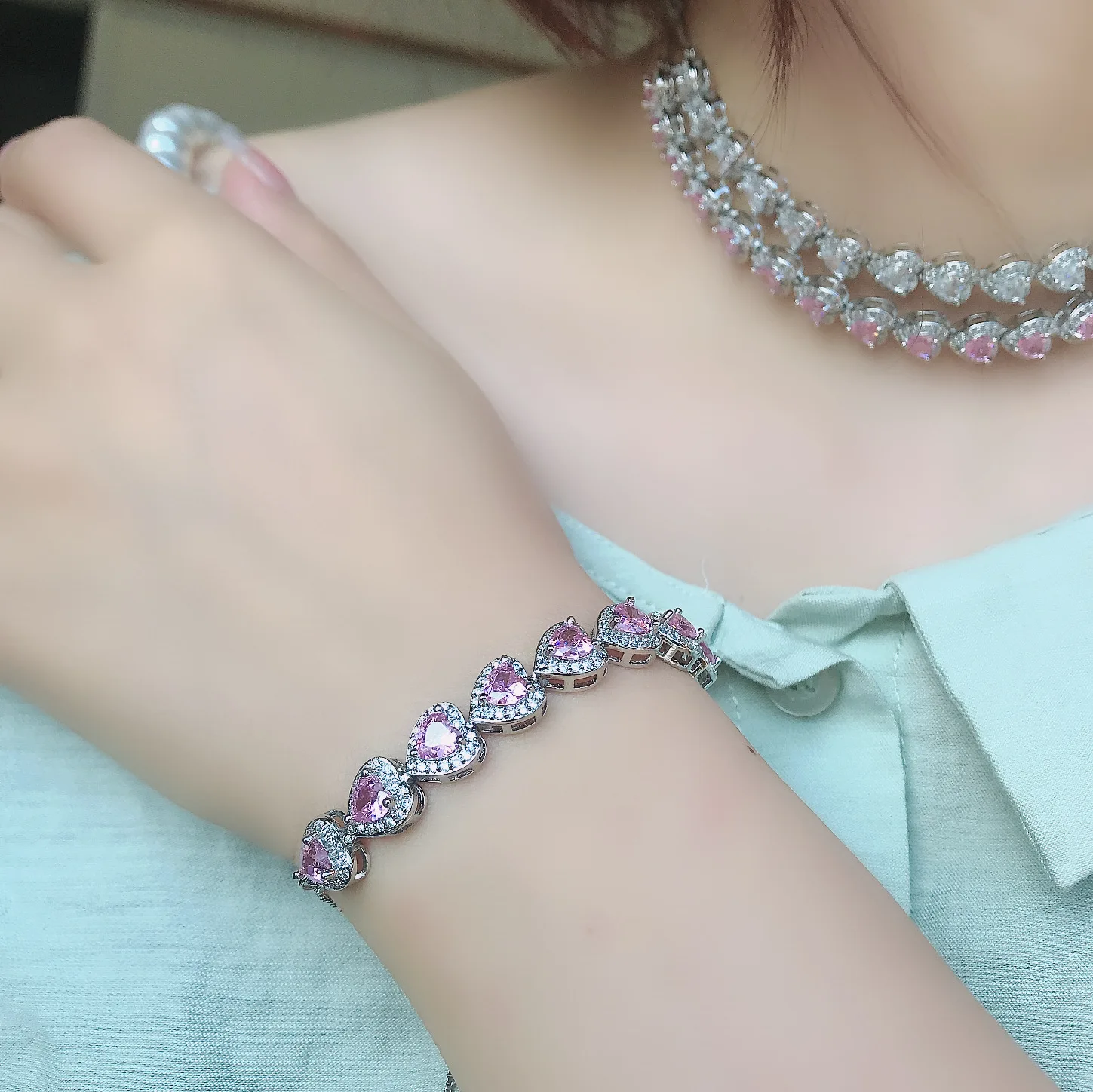 Y&Y Bright Princess pink jewel bracelet Heart type 5A Zircon girl gift classic elegant choker