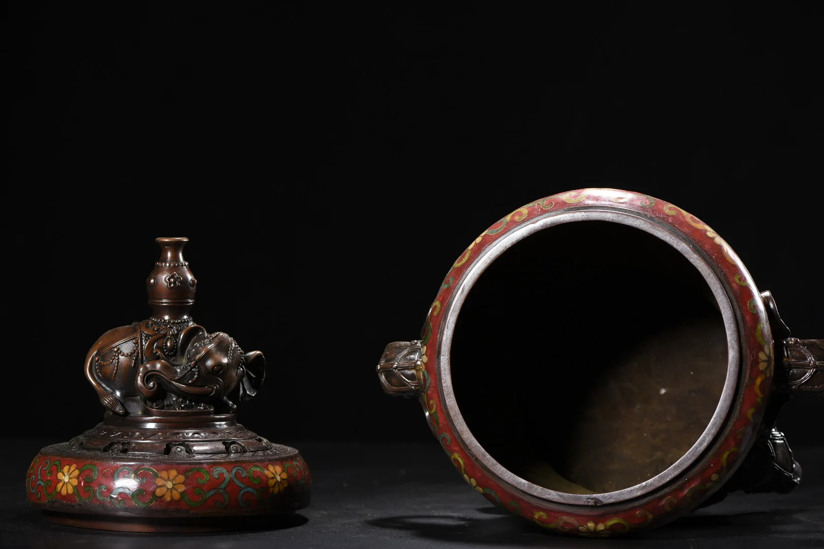 Old Bronze Cloisonne Lotus pattern Elephant Statue Cover  Elephant Head Ear Tripod Incense Burner Amass wealth Ornaments