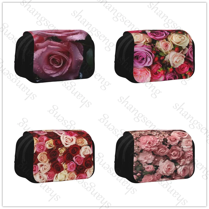 

Double Layer Flip Pencil Bag School Supplies Children's Pencil Box Storage Cosmetic Bag Gift Rose Flower Pattern