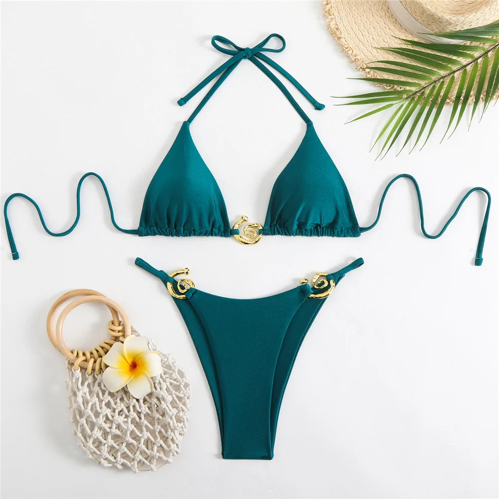 Dark Brown String Halter Micro Thong Bikinis Sets Sexy Swimsuit Women 2026 Metal Ring Holiday Swimwear Beach Wear Bikini Mujer