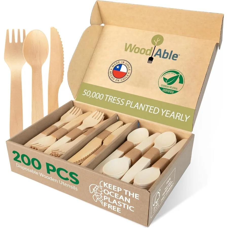 

Disposable Wooden Cutlery Set 100% Home Compostable 200 Mix 80 Forks 80 Spoons and 40 Knives 6.5" Bamboo Utensils Alternative E