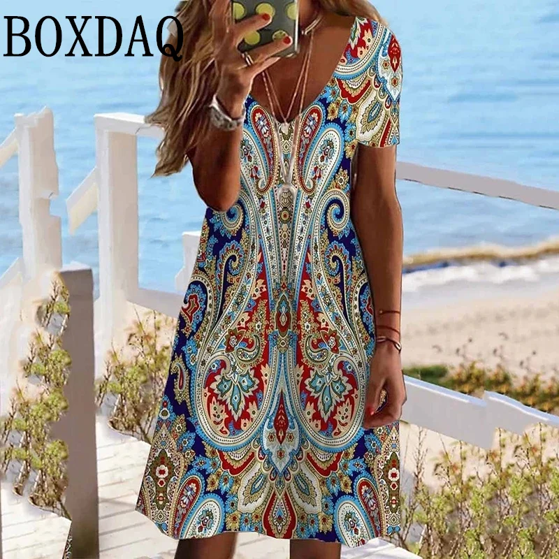 Vestido Vintage con estampado étnico para mujer, ropa holgada de manga corta con cuello en V, talla grande, informal, Floral, 2024