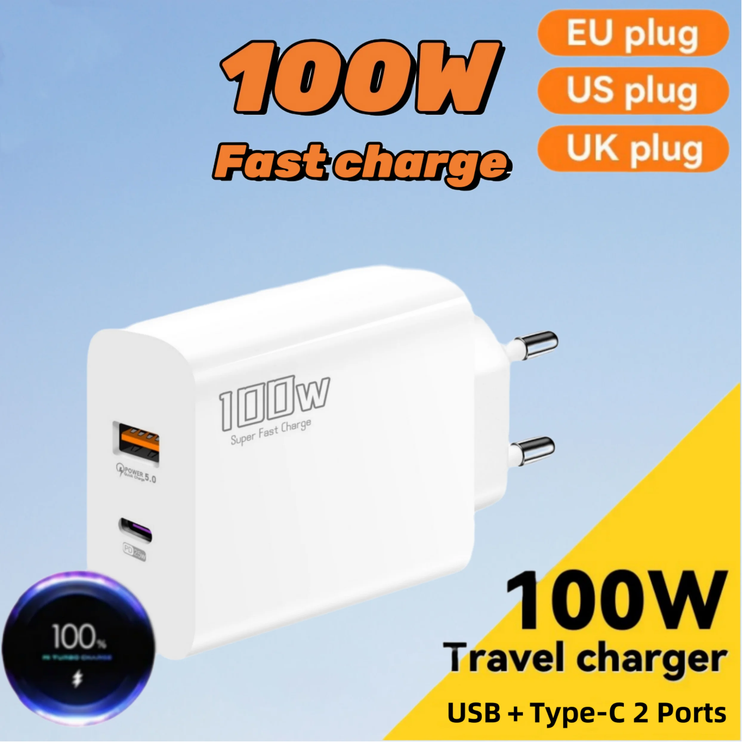New 100W Fast Charger Dual-Port USB Type-C Super Charging Head for Mobile Phones Compatible with Huawei & iPhone EU/UK/US 2025