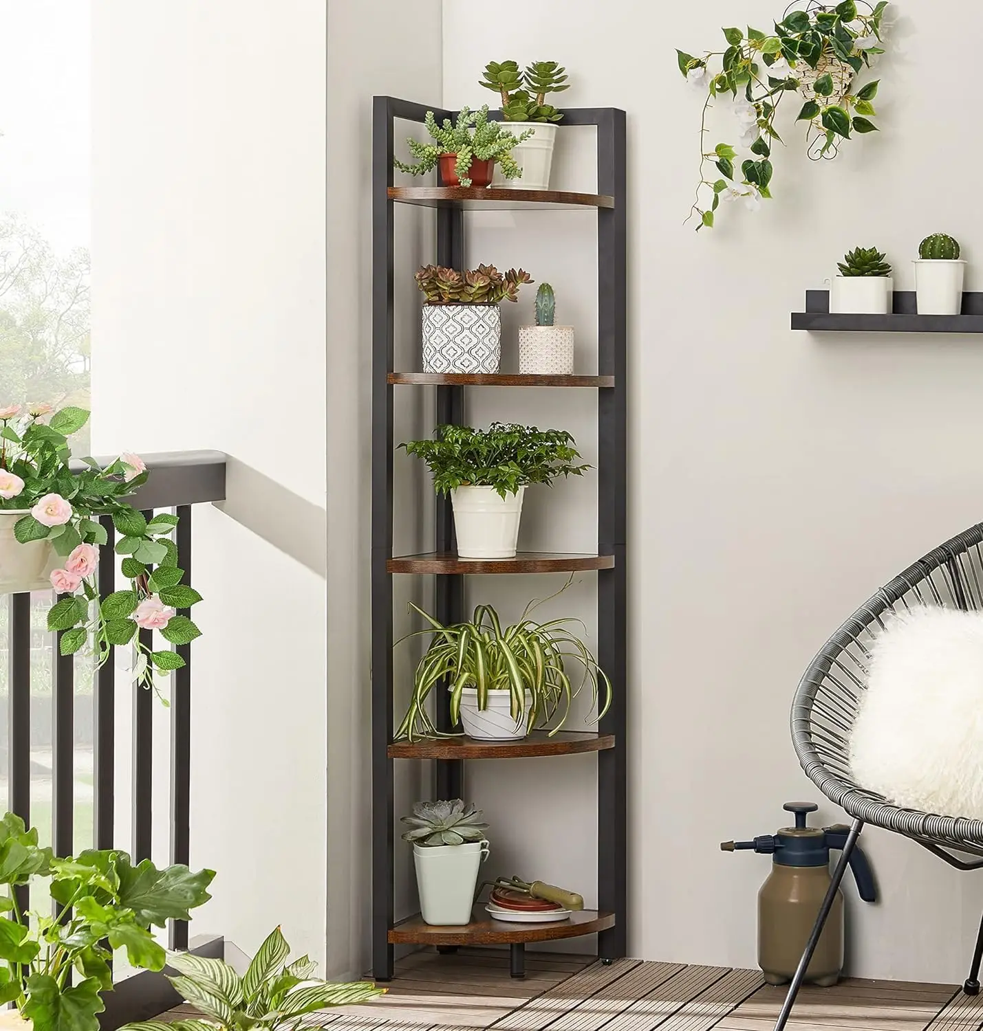 Wooden Plant Shelf Corner Bookcase, Furniture with Metal Frame, Home and Office, 5 Tier, 12.8x13.4x39.6 Inches, Room and Office