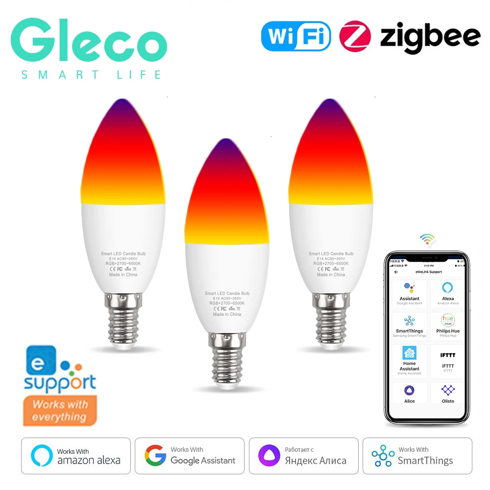 Gleco-Lâmpada LED inteligente Ewelink, E14, Zigbee, RGBCW, Lâmpada LED, funciona com Alexa, Amazon, Google Home, Yandex, Alice, SmartThings