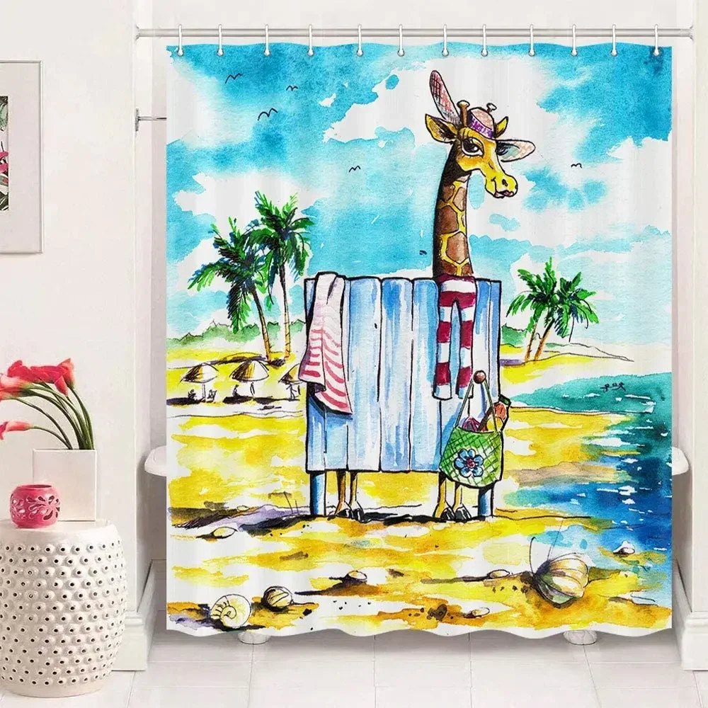 

Funny Giraffe Shower Curtain for Bathroom, Giraffe Taking a Bath