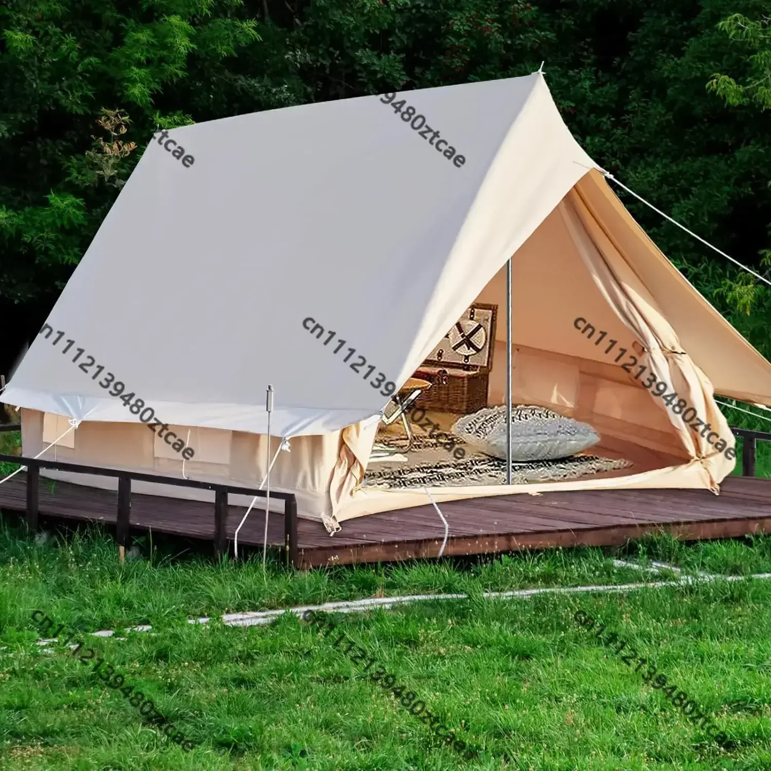 4 Person Canvas Bell Tent Double Door Waterproof All Season Glamping Tent with Windows Easy Setup Family Camping Tent