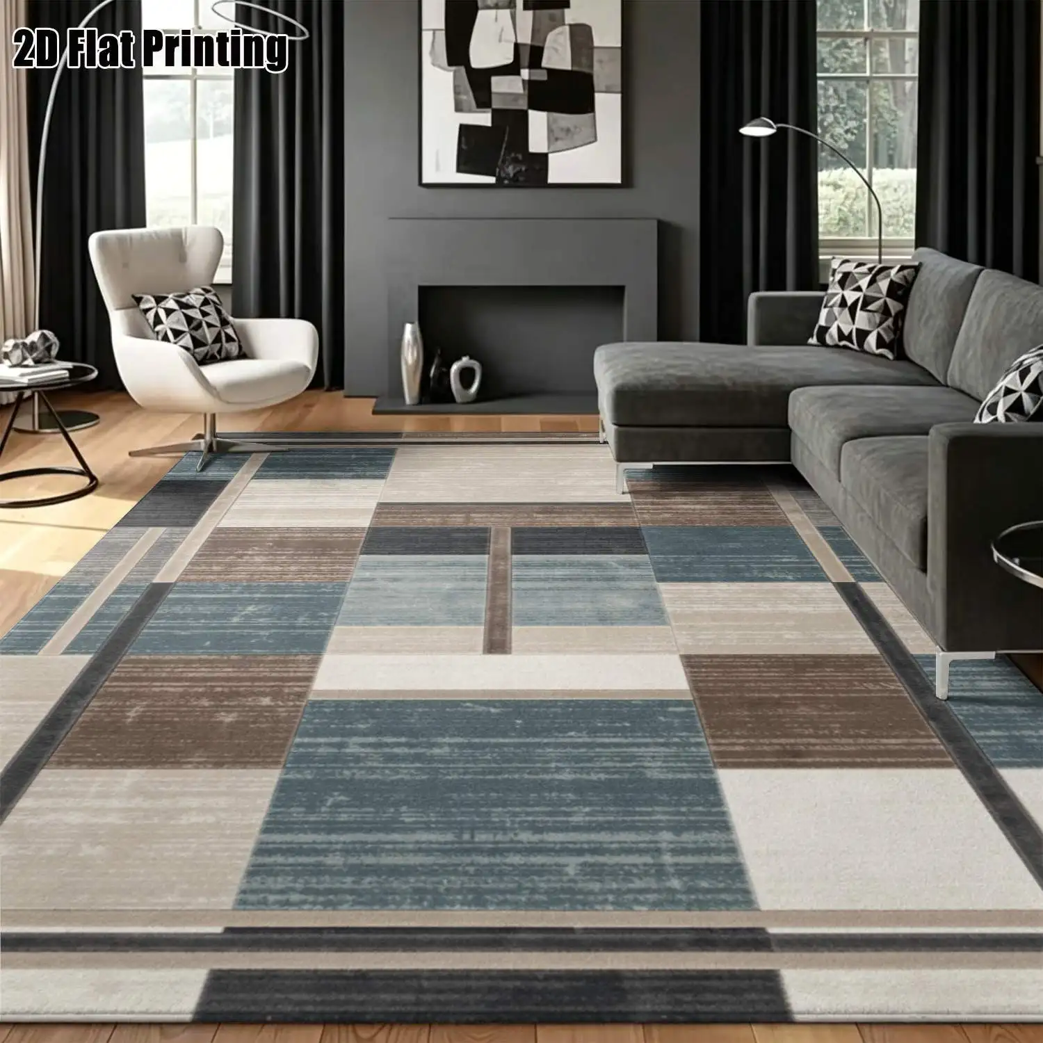 1Pc 2D Printed Blue-Grey Geometric Striped Nordic Modern Minimalist Home Carpet, Multiple Sizes, Machine Washable, Suitable for Entrance, Living Room, Bedroom, Dining Room, Foyer