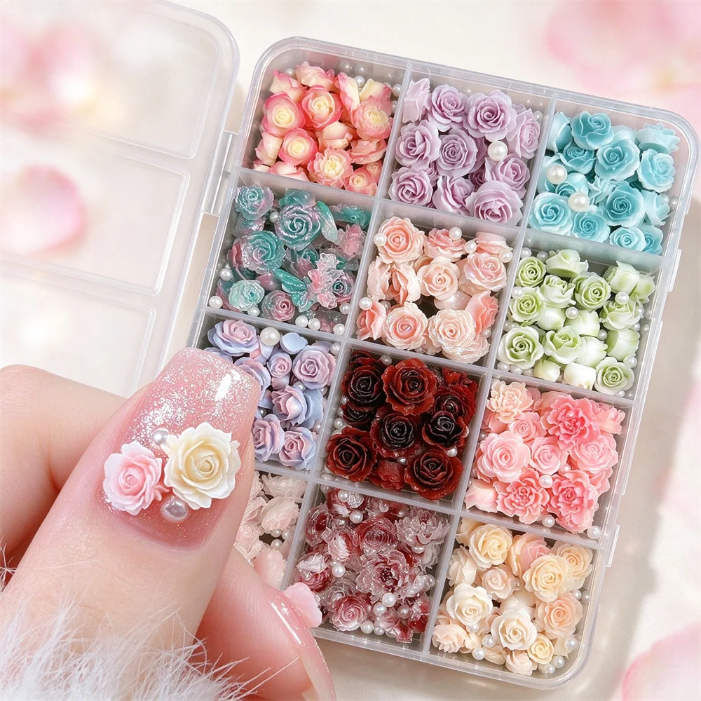 12Grids 3D Resin Rose Flower Nail Charms Mixed Color Flatback with Pearls Kawaii Floral Nail Decor for Acrylic Nails DIY Tools