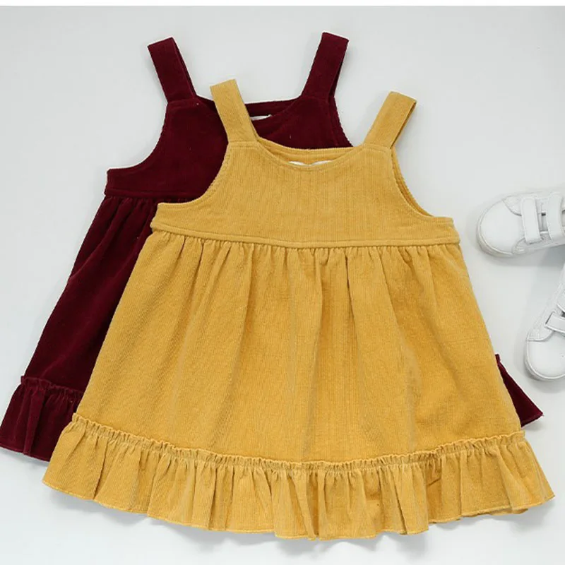 Corduroy Fall Girls Dress Overalls Girl Party Dresses Sleeveless Spring Cute Clothing Yellow Jumper Skirts 2 3 4 5 6 7 Years