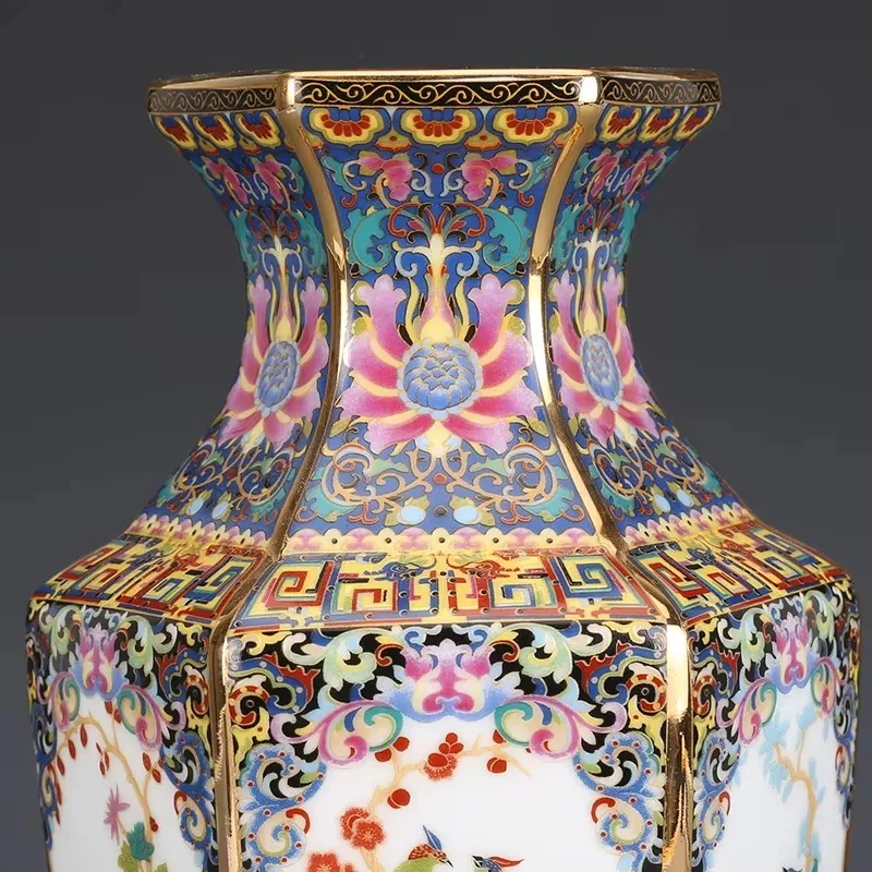 Qing Qianlong Yellow Glazed Pink Figure Four sided Porcelain Vase Porch Ornaments Antique Official Enamel Porcelain  Square Vase