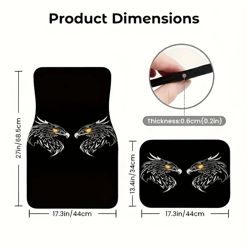 4pcs Cool Yellow-Eyed Eagle Car Floor Mats | Dual Eagle Head Design, Universal Fit For Cars, Trucks, And SUVs - Perfect Gift For