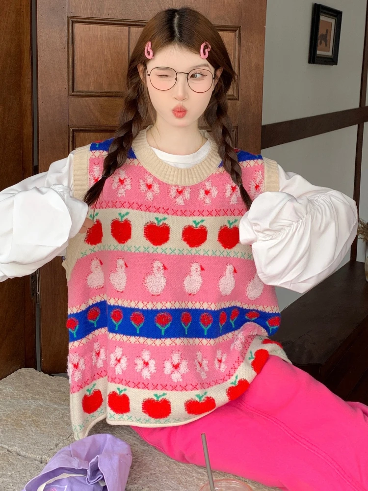 2024 Cartoon Knitted Vest Sweater Women Preppy Style Kawaii O-Neck Contrasting Colors Sleeveless Sweaters New Y2K Cute Pullovers