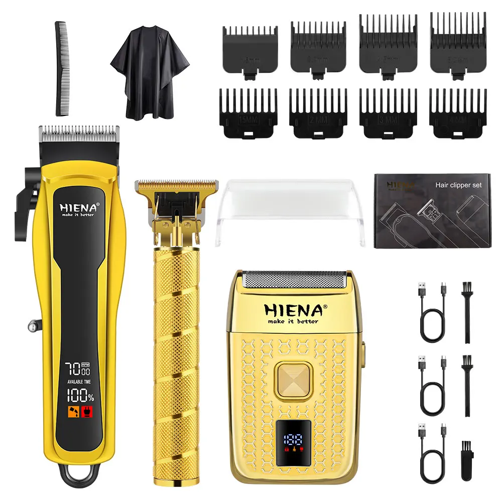 HIENA 3-in-1 Gold Barber Kit Hair Clipper, T-Blade Trimmer & Foil Shaver with Cape, LCD & 8 Combs