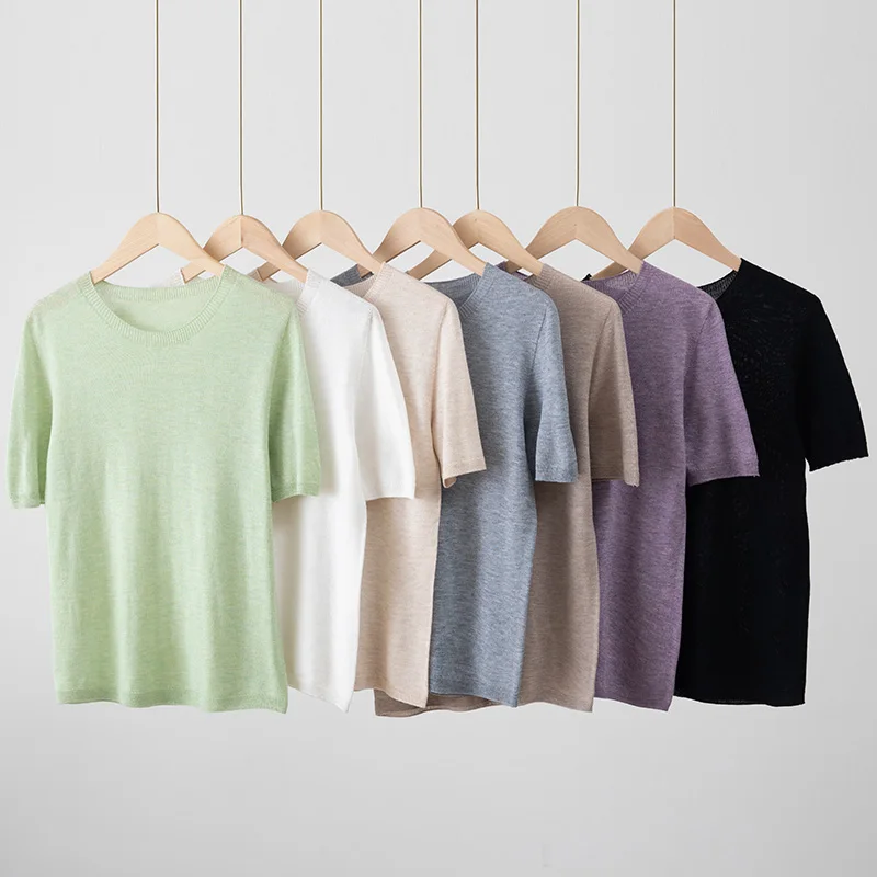 Novedad de verano, suéter tejido de manga corta con cuello redondo, camiseta de lana informal fina de seda helada para mujer, Top holgado con temperamento