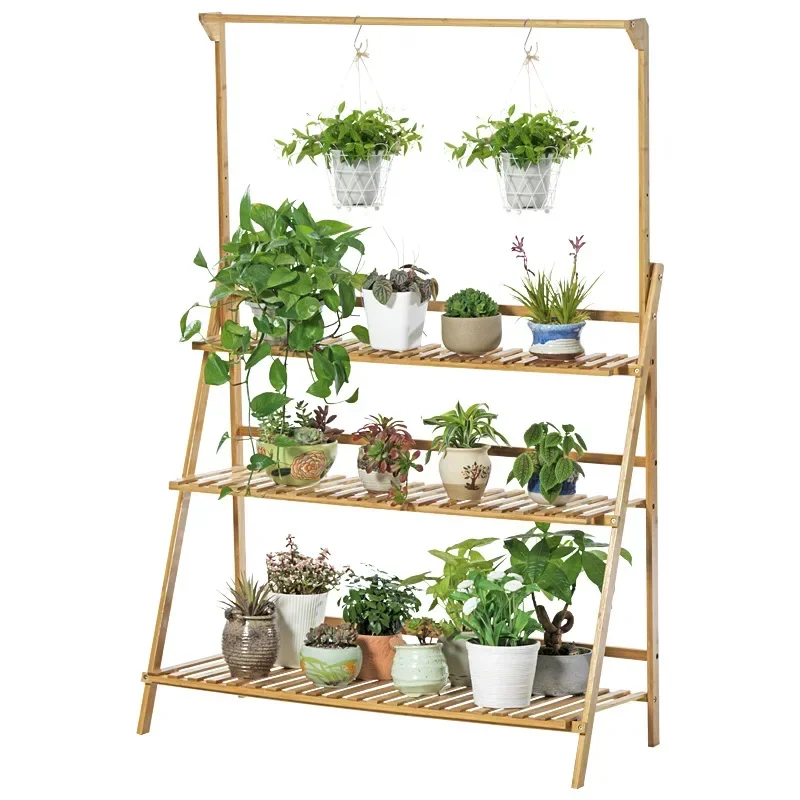 

Plant Stand Storage Shelf 3-Tier Hanging Stand for Flowers Folding Organizer Display Storage Rack Adjustable Hanger Rod Bamboo