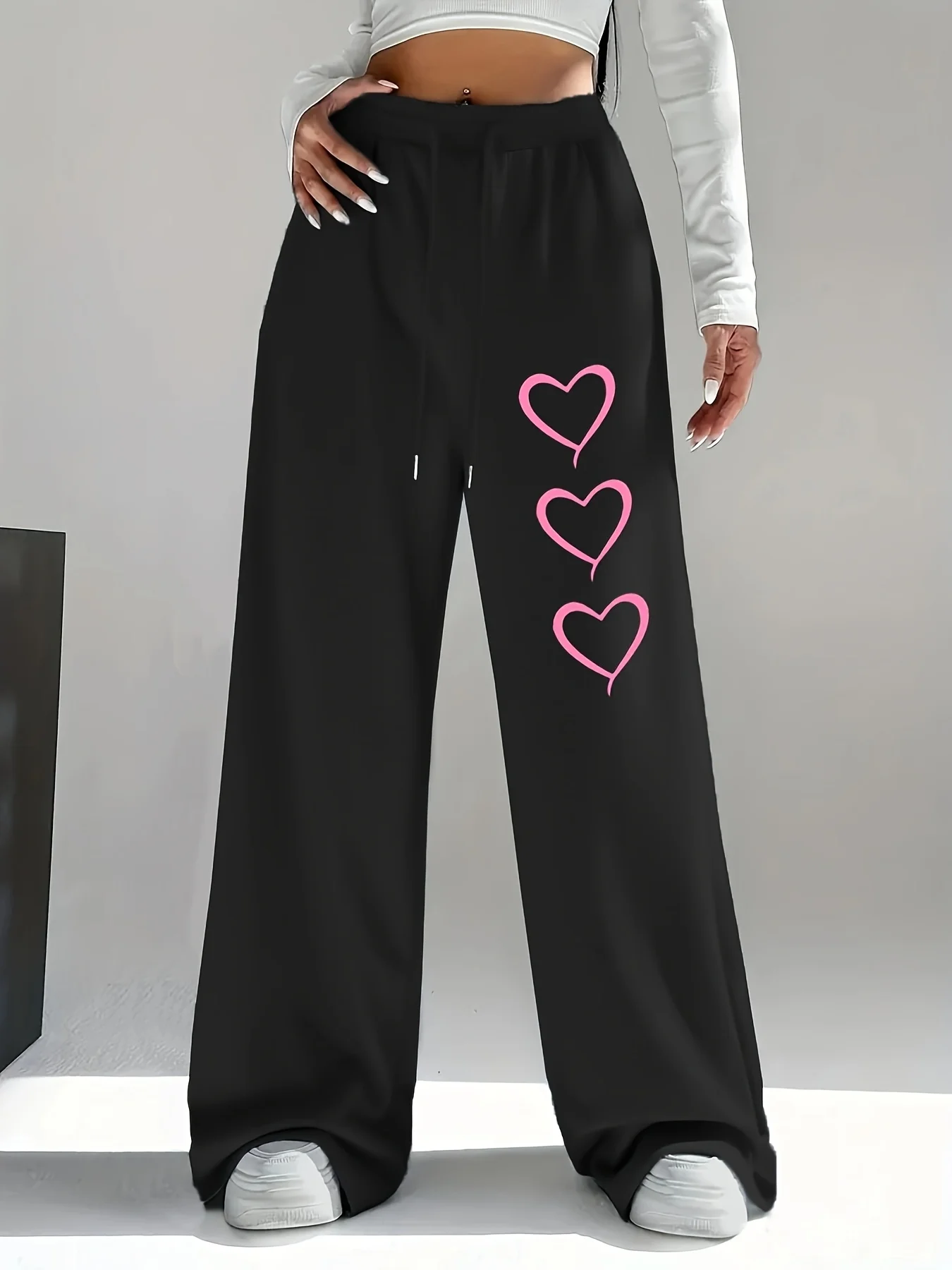 

Женские осенние и зимние свободные прямые флисовые спортивные штаны больших размеров с принтом сердца, уличная одежда с эластичным поясом, универсальная