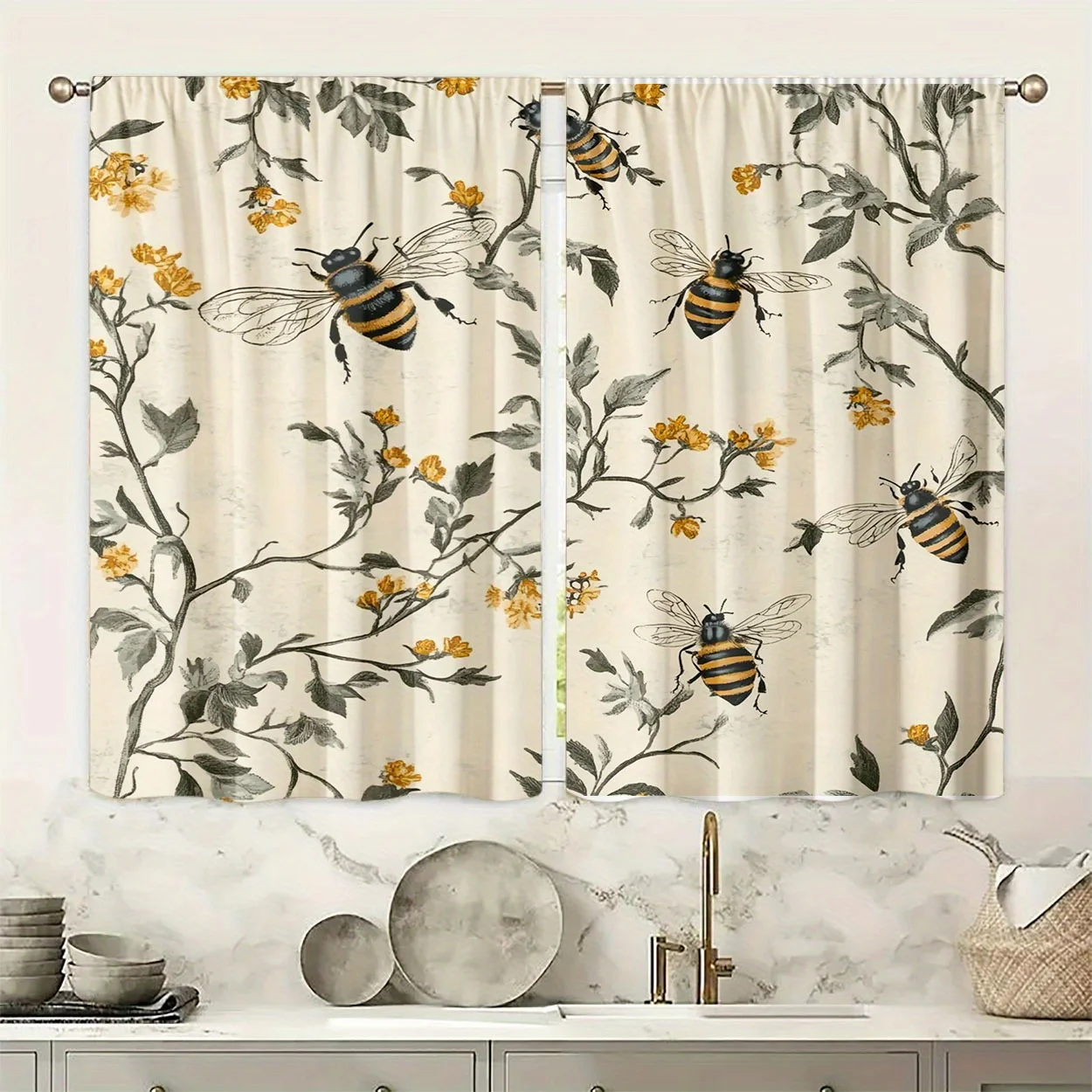 2 Panels Vintage Bee Print Curtains, Floral & Insect Polyester Drapes, Country Style Window Decor for Living Room