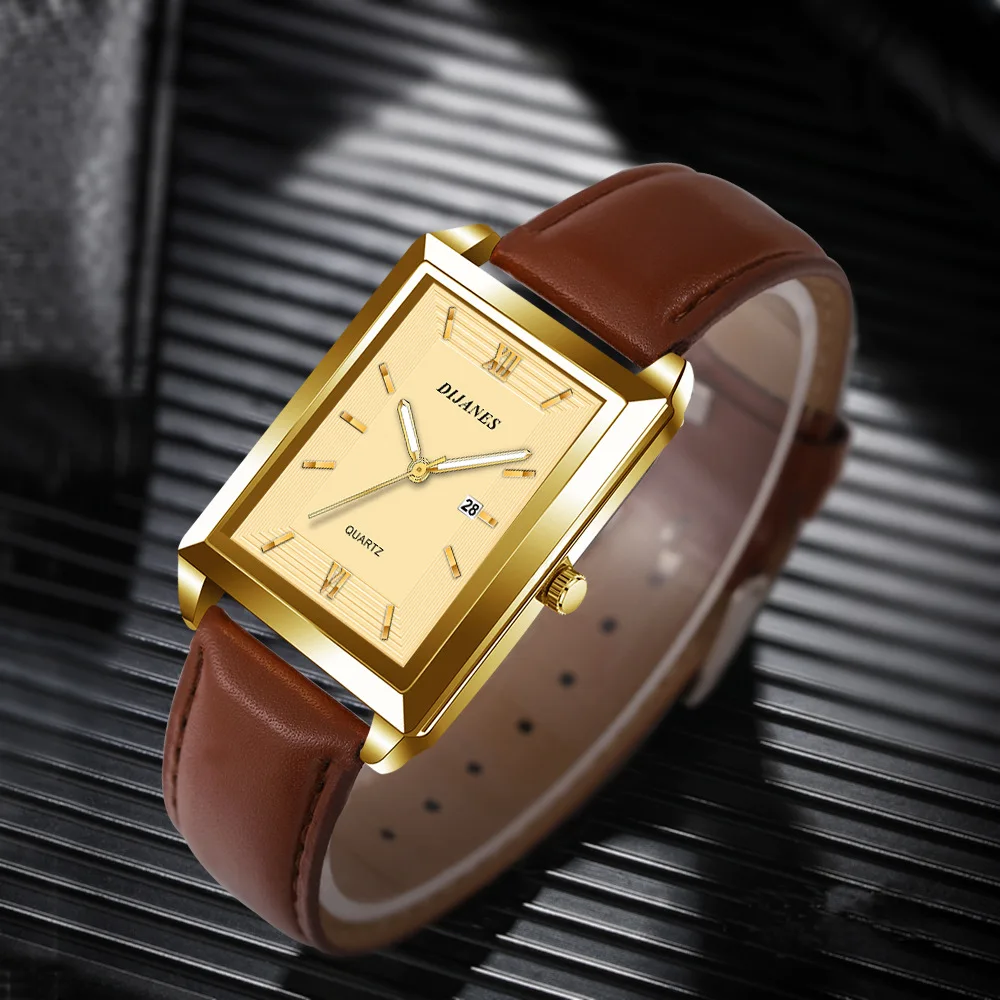 New Casual Leather Men\'s Watch Square Quartz Korean Student Calendar Watch Men Relojes Para Hombres Relogio Masculino(no Box)