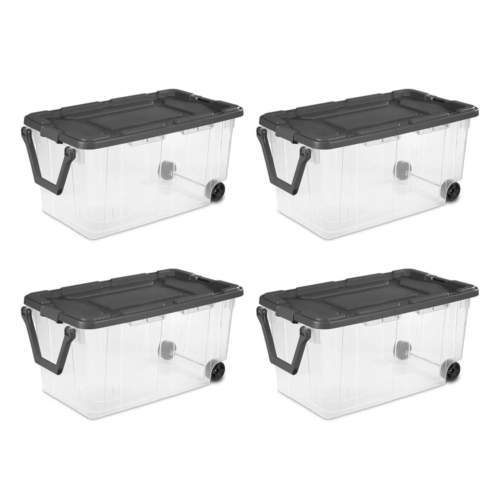 Caja apiladora Modular de 4 paquetes, contenedores de almacenamiento de plástico transparente duraderos con tapas de enganche, 160 cuartos, Co organizador apilable