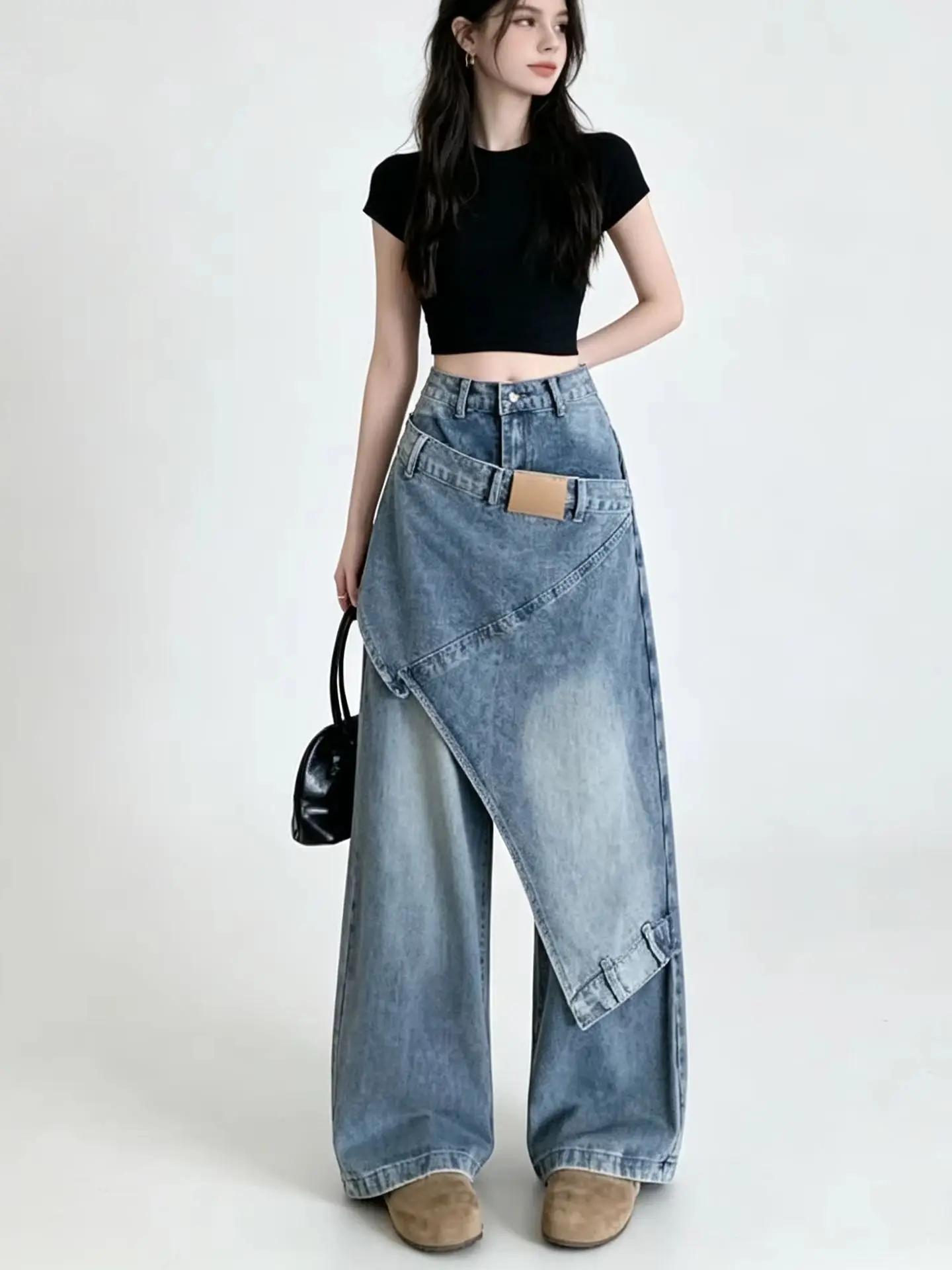 Women's Blue Asymmetric Personality Jeans Y2K Harajuku High Street Aesthetic Hip Hop Fashion Wide Leg Denim Long Pants Clothing