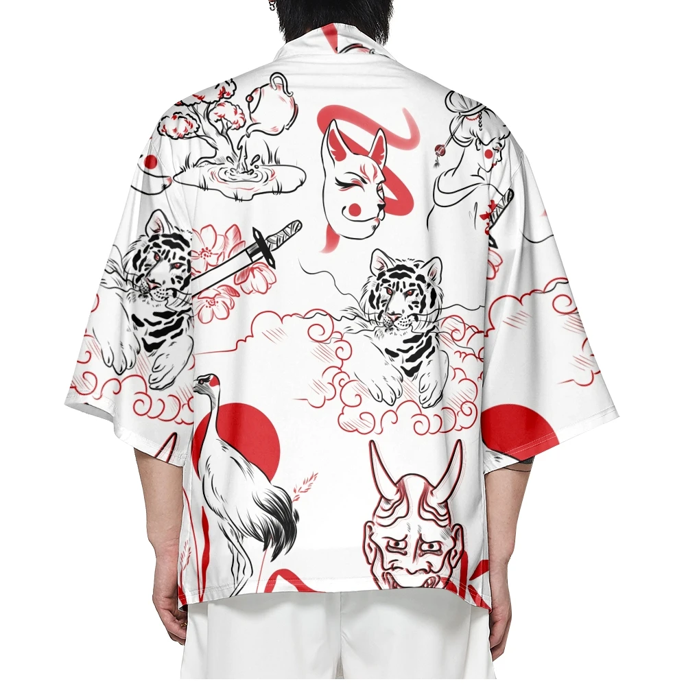 

Japanese Traditional White Print Kimono Cosplay Cardigan Men Women Shirts Yukata Harajuku Haori Asian Clothing