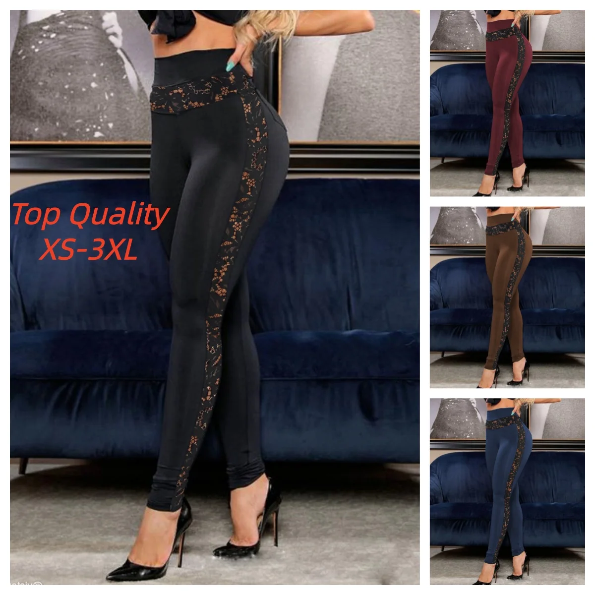 2026 Womens Sexy Leggings Floral Lace Pants Side Sheer Black Leggings Slim Stretch Sexy Trousers Size XS-3XL