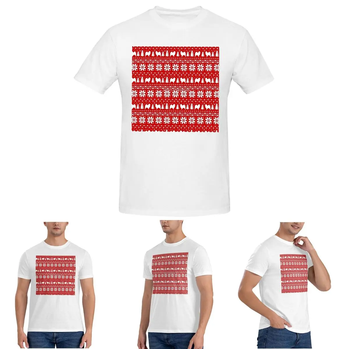 

Samoyed Dog Silhouettes Red And White Christmas Holiday Pattern T-Shirt otton Plus Size T Shirts Men's Tees Short Round Neck