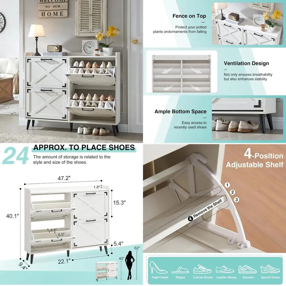 Farmhouse Style Shoe Storage Cabinet with 4 Drawers, Slim Barn Door Design, Freestanding Narrow Shoe Rack Organizer