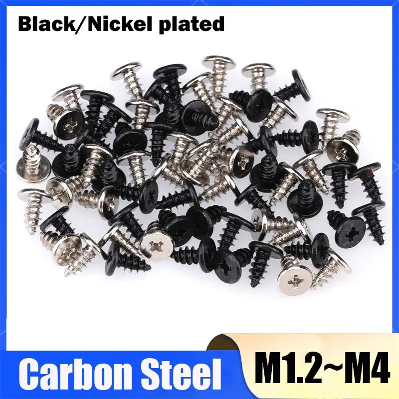 30~200Pcs Black/Nickel Plated M1.2~M2 M2.3 M2.6 M3 M4 Phillips Ultra Thin Flat Head Self-tapping Wood Screws Length:3mm~30mm