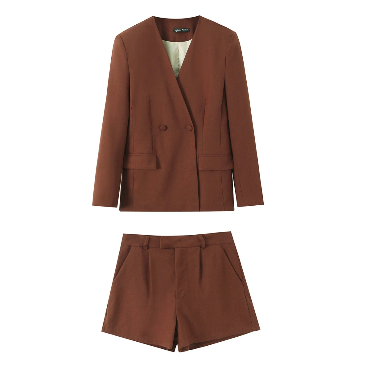 

European and American style women's clothing new 2026 fashionable solid color V-neck long sleeved suit shorts set